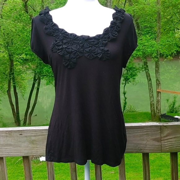 Grace Tops - Grace Black Shrit with Flower Detail Size M